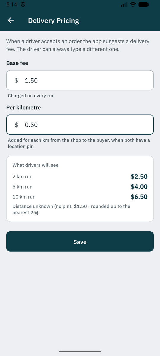 Delivery Pricing: base fee and per-kilometre rate.